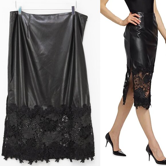 Generation Love Chantira Faux Leather Midi-Skirt Lace Trim Black Size 12 New - Picture 1 of 7